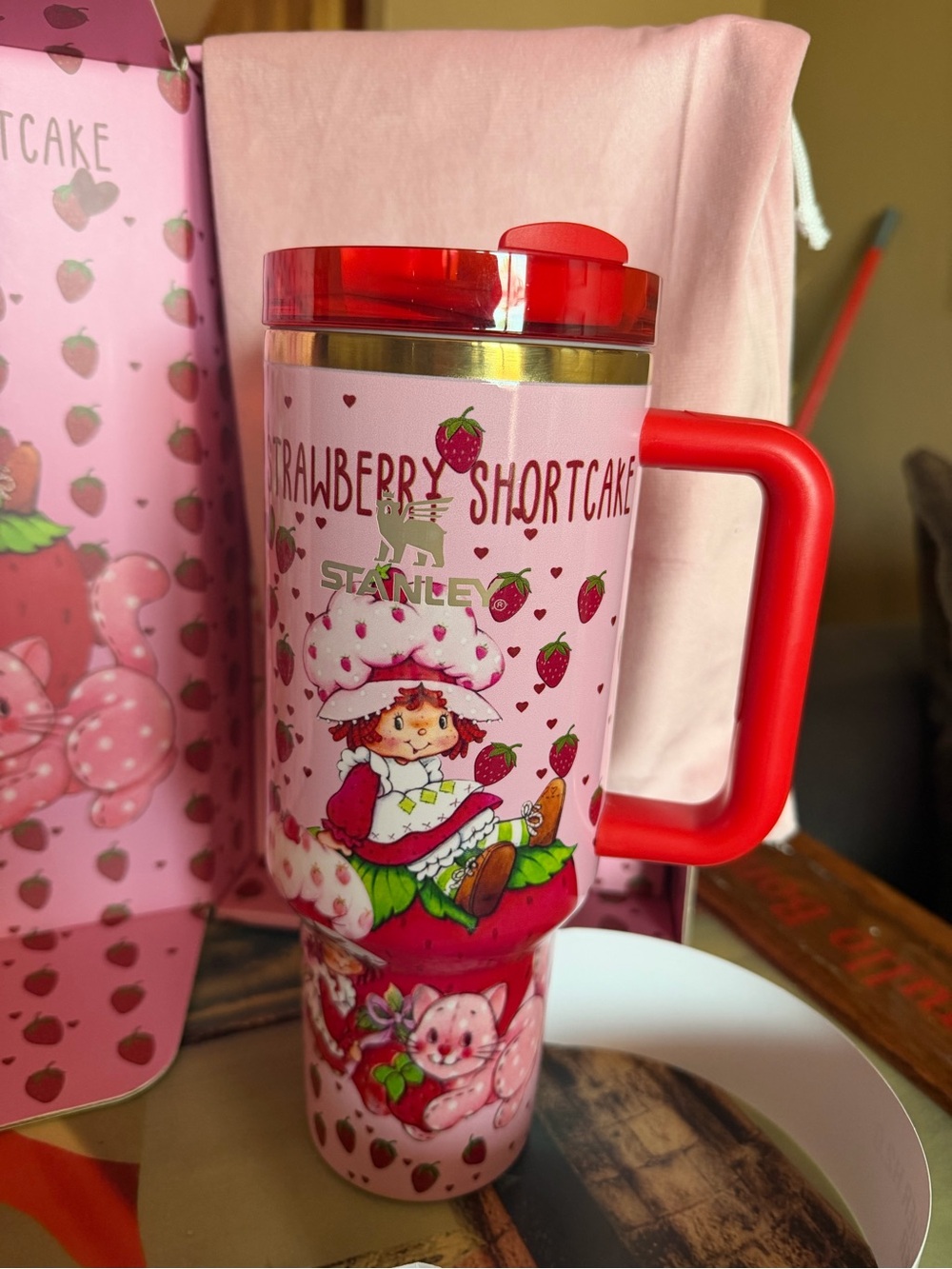 Stanley Pink Strawberry Shortcake Travel Mug with Red Handle